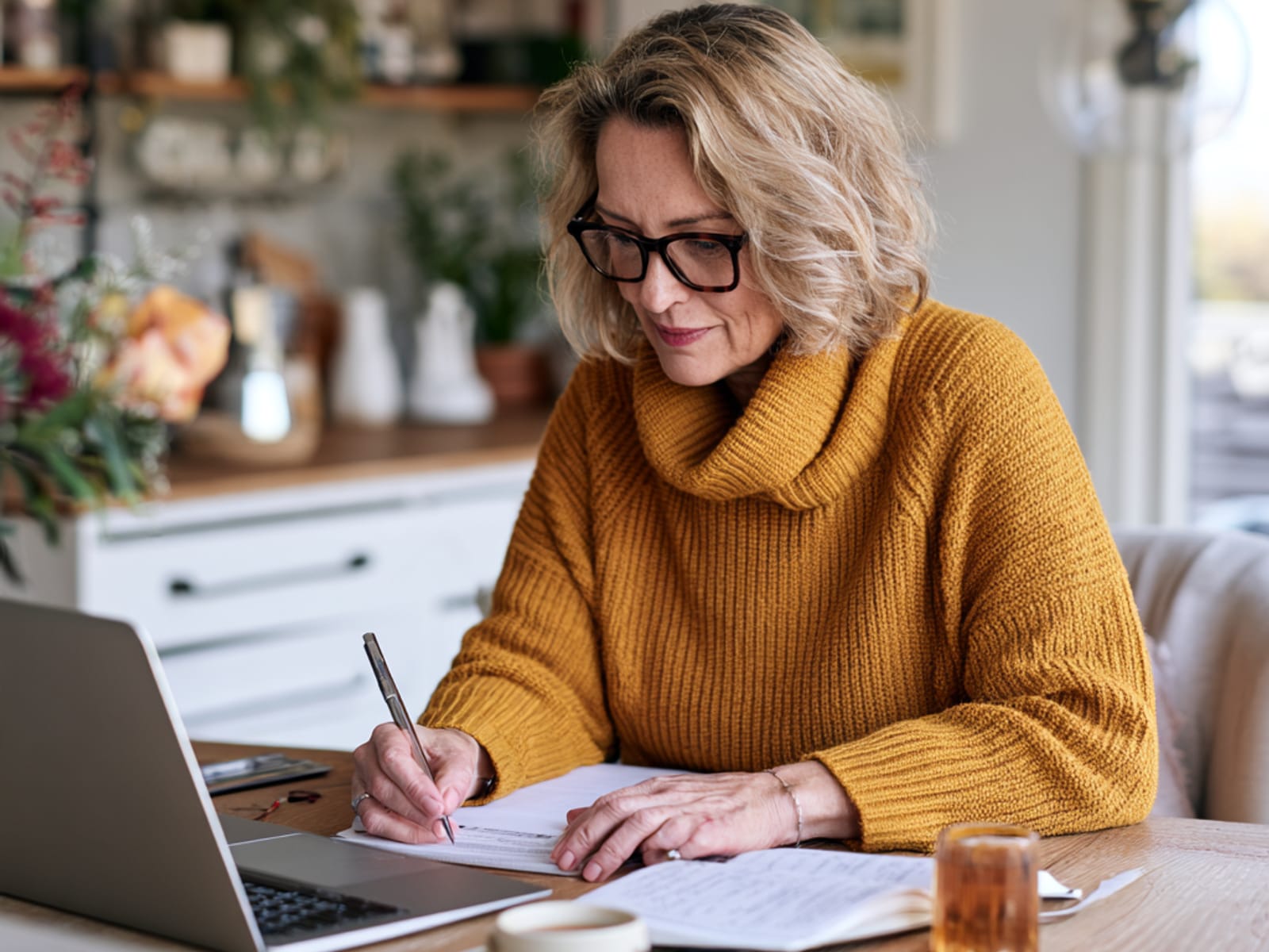 Eine Frau sieht sich zu Hause einen Online-Kurs am Laptop an und macht Notizen.