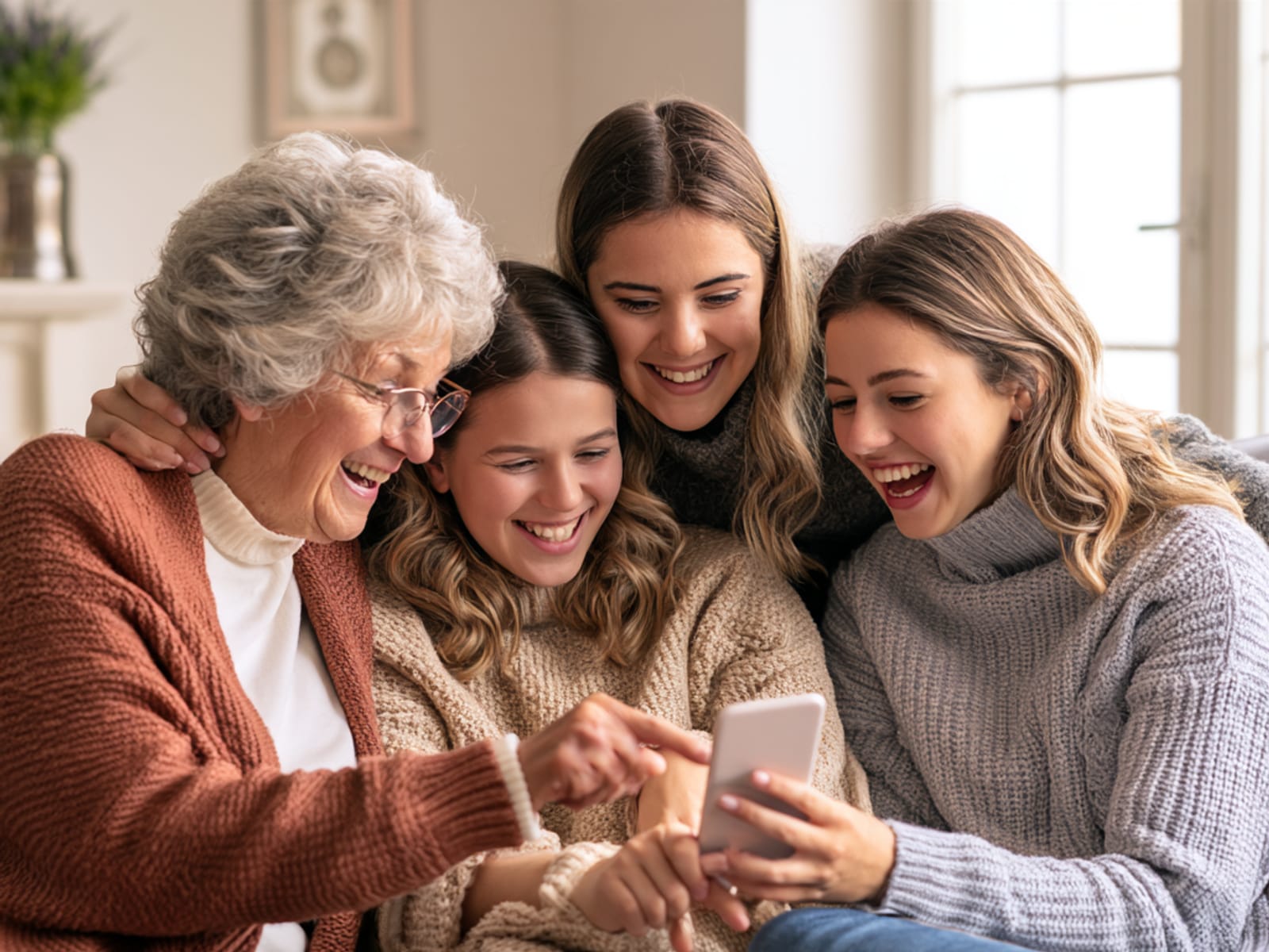 Drei Generationen sitzen auf dem Sofa und schauen gemeinsam auf ein Handy.
